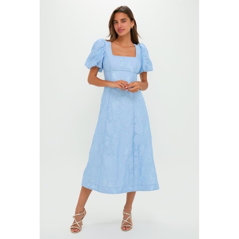 NWT Hyacinth House Midi  Dress L Blue Floral Jacquard Puff Sleeve Square Neck